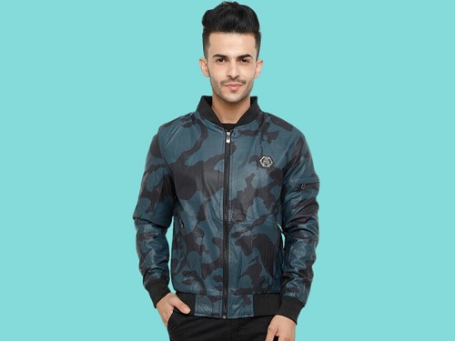 Showoff Blue Leather Solid Jacket With Print