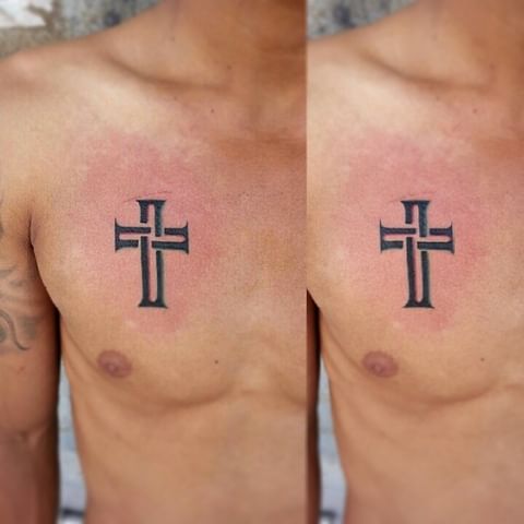 Tribal Cross Tattoo Design On The Chest