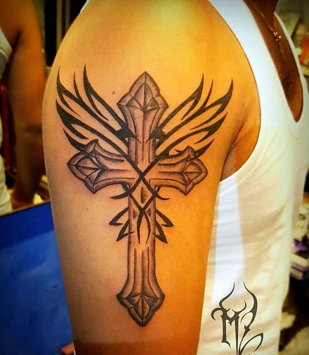 Tribal Cross Tattoo With Wings