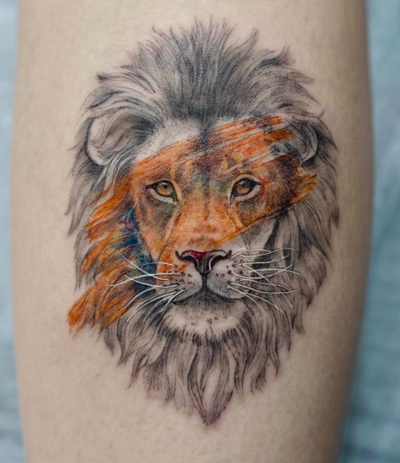 Vivid Lion Portrait Leg Tattoo