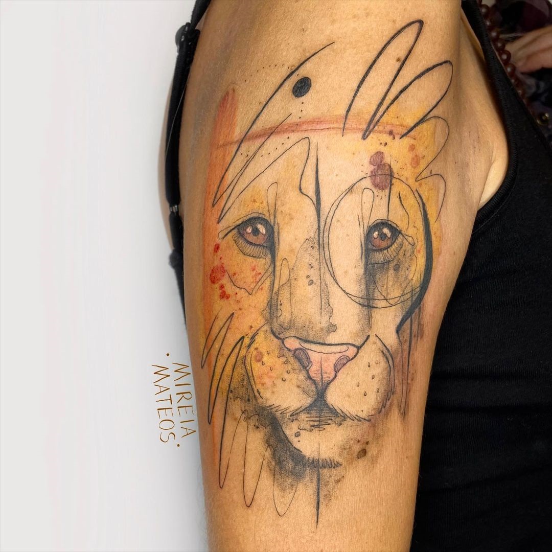 Watercolor Lioness Shoulder Tattoo
