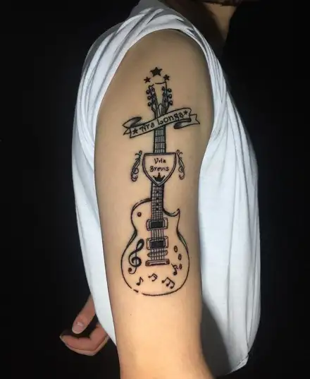 Tattoo uploaded by Joel Mejia  Guitar memorial piece for my clients dad  Thanks for looking  for appointments and inquires feel free to dmemail  me guitar blackandgrey realism memorialtattoo detail ink 