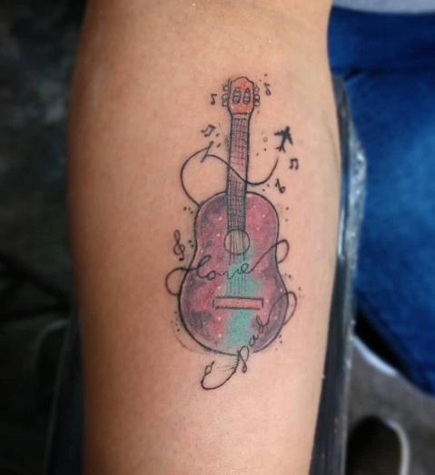 Colourful Guitar Tattoo Designs On Hand