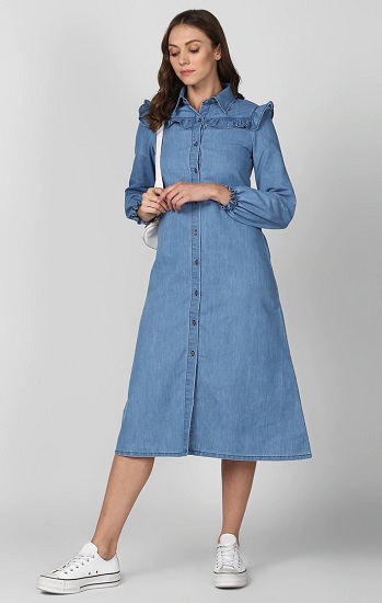 Denim Fit And Flare Long Sleeve Dress