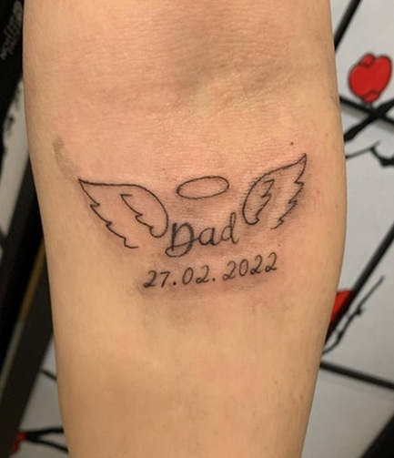 Father Tattoo On Hand With Halo And Wings