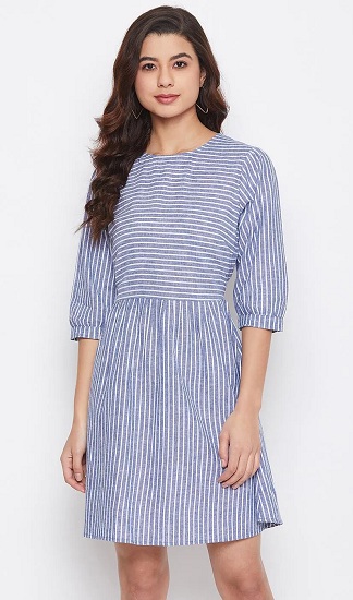 Linen Fit And Flare Striped Dress