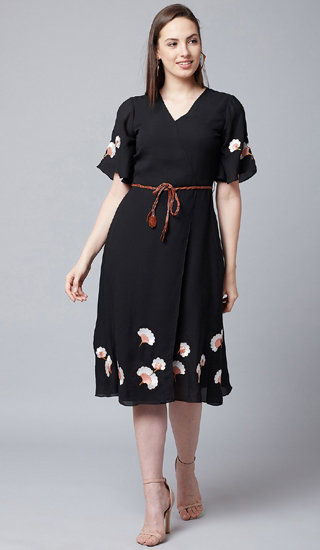 Black Embroidered Wrap Dress