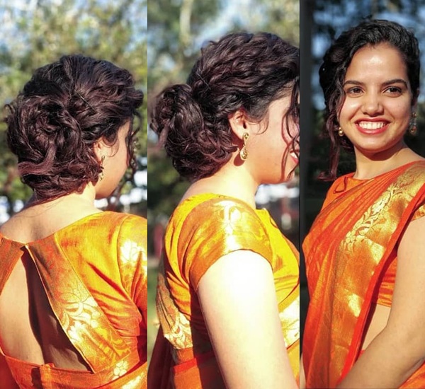 Messy Curly Bun Hairstyles for Saree