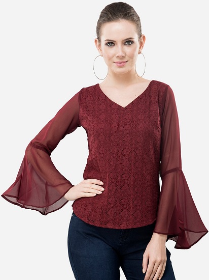 Lace V Neck Top With Bell Sleeves