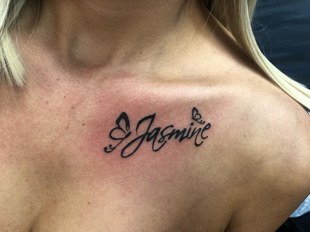 Lovely Jasmine Name Tattoo With Butterfly Motif
