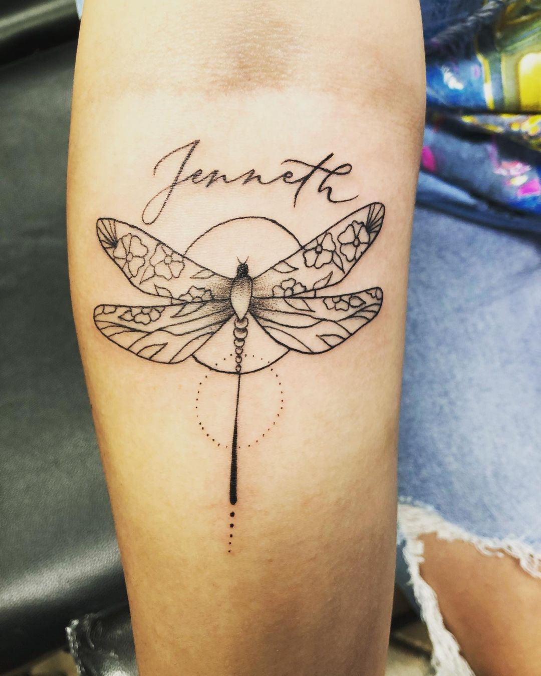 Nature Inspired Jenneth Name Tattoo With Dragonfly