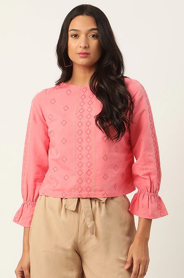 Embroidered Linen Bell Sleeve Top