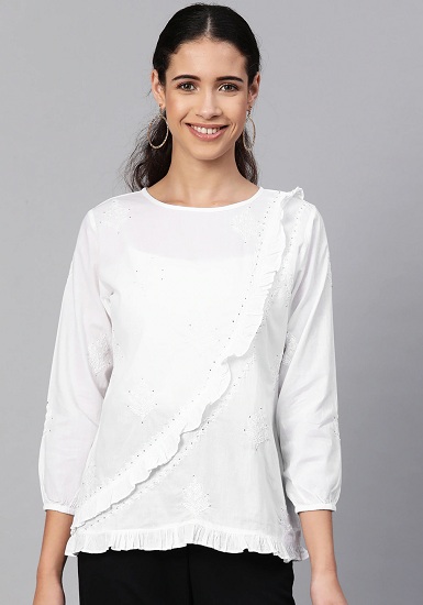 Embroidered Ruffle Puff Sleeve Top