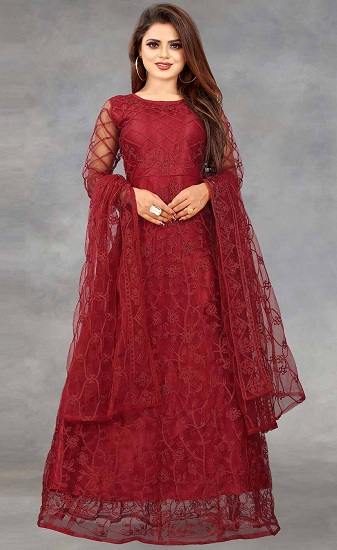 Maroon Long Embroidered Dress