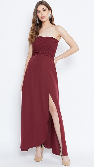 Maroon Strapless Dress With Slit