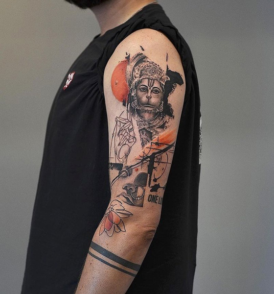 Realistic Hanuman Tattoo On The Shoulder