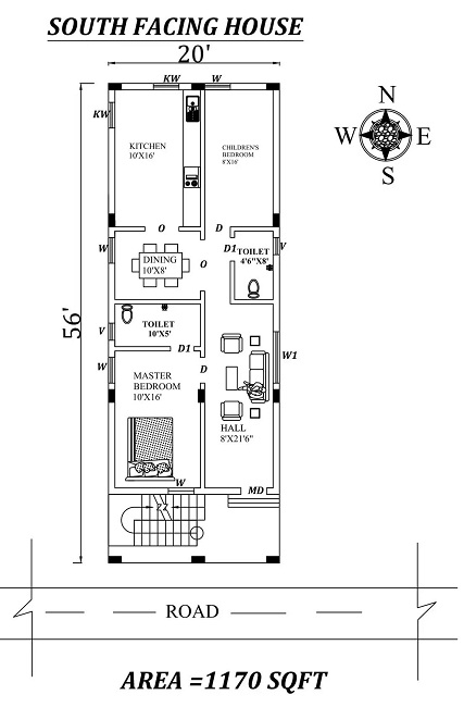 20'x56′ 2bhk South facing First floor House Plan