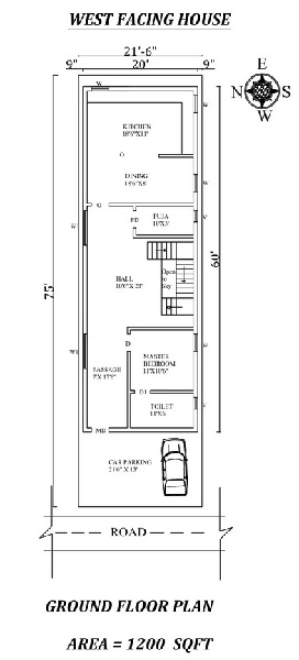 21'6″ X 75′ Single bhk West facing House Plan