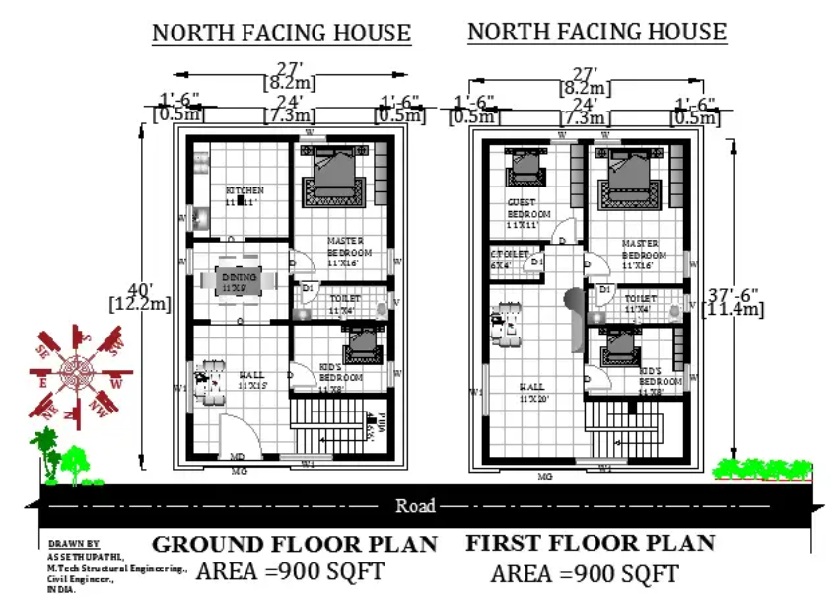 27'X40′ North facing G+1 House Plan