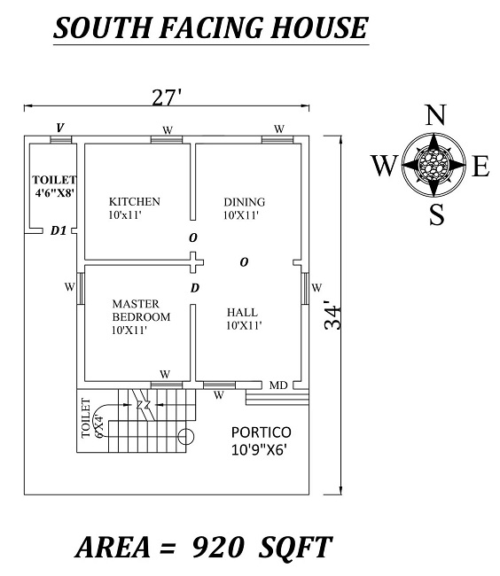 27'x34′ Single bhk South-Facing House Plan