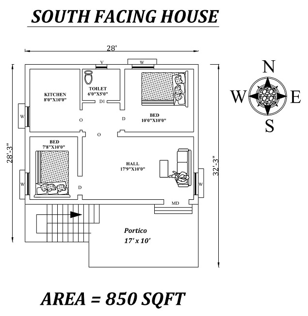 28'X28′ 2bhk South Facing House Plan