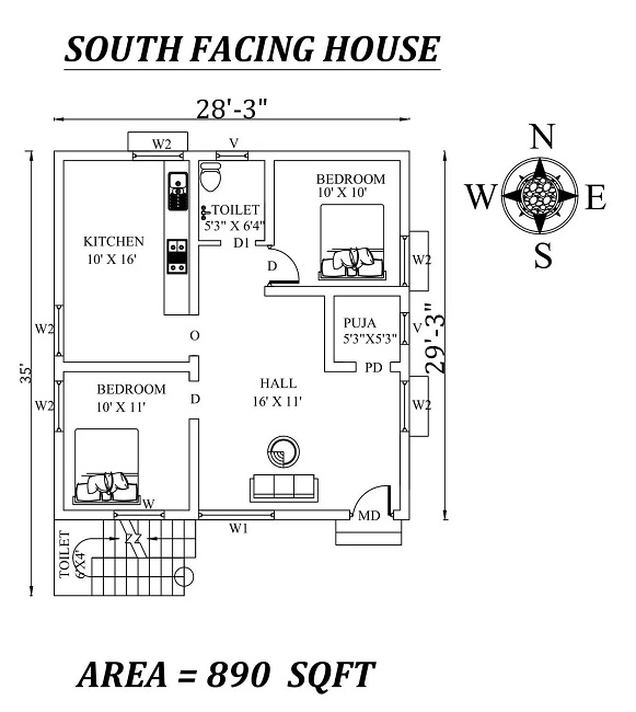 28'x35′ 2bhk South facing House Plan