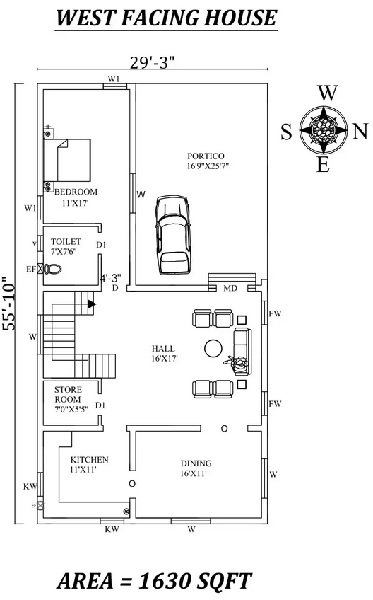 29'3″X 55'10" Single bhk West facing House Plan