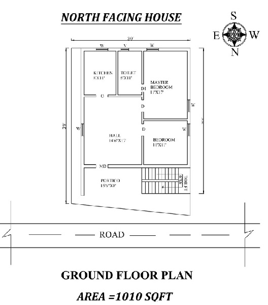 30'X39′ North facing 2bhk house plan