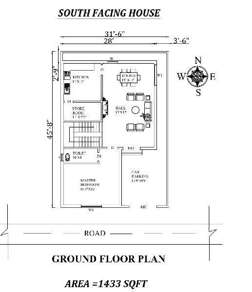 31'6″x 45'9″ Single BHK South Facing House plan