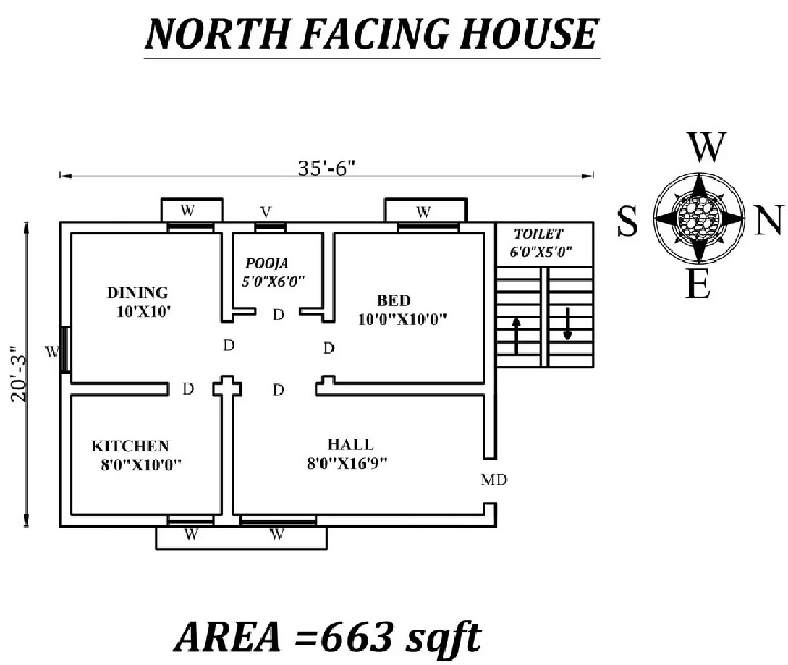 35'6″x 20'3″ North facing House plan - Single bhk
