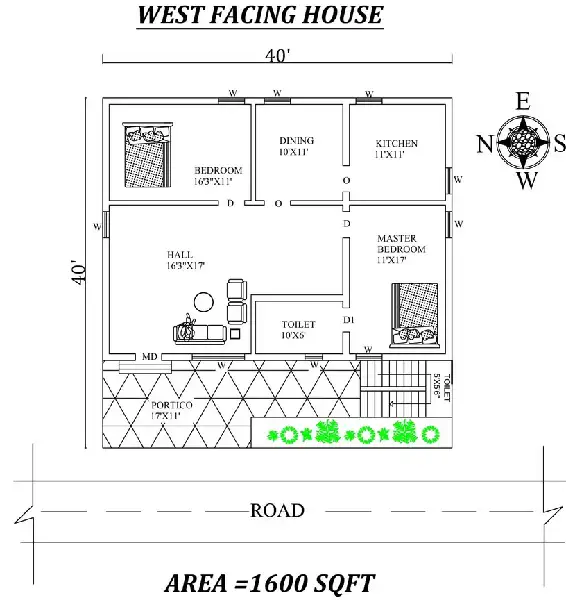 36 X 40 West Face 3 Bhk House Plan