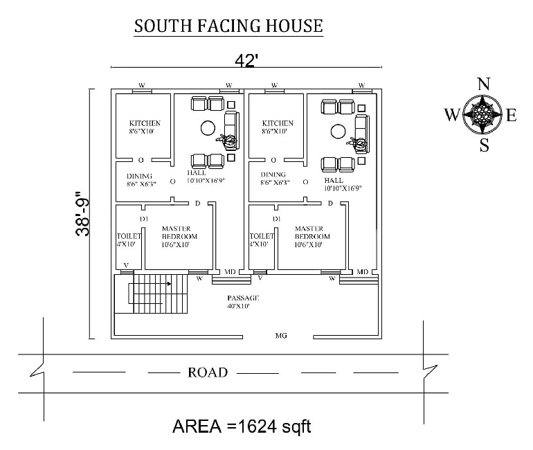 42'x 38'9″ South Facing Single bhk Dual House Plan