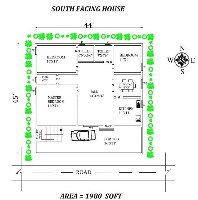 44'X45′ 3bhk South Facing House Plan