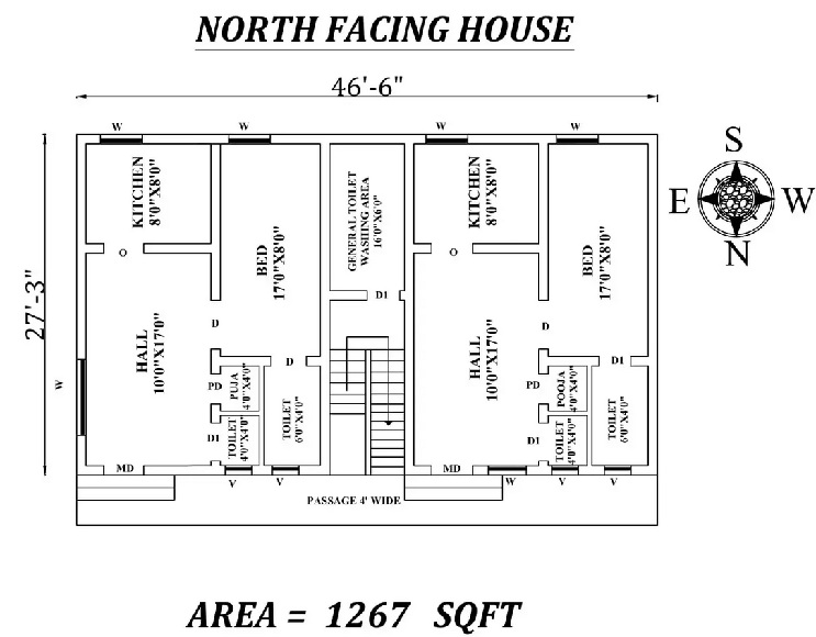 46'6″ X 27'3″ Single bhk north-facing House Plan (Dual)