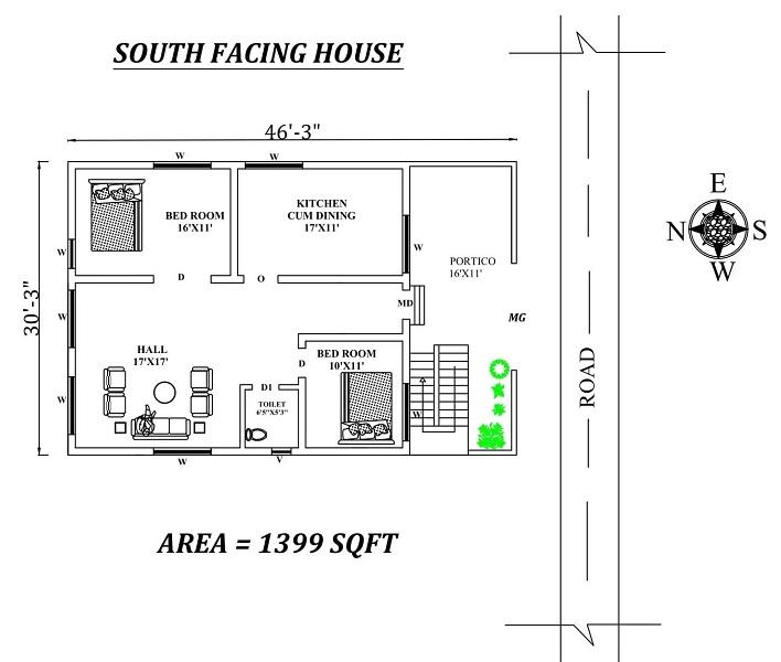 46'x30′ Beautiful 2BHK South Facing House Plan