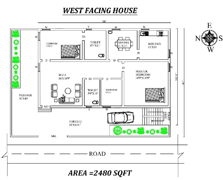 50'X 41′ Beautiful 3bhk West facing House Plan