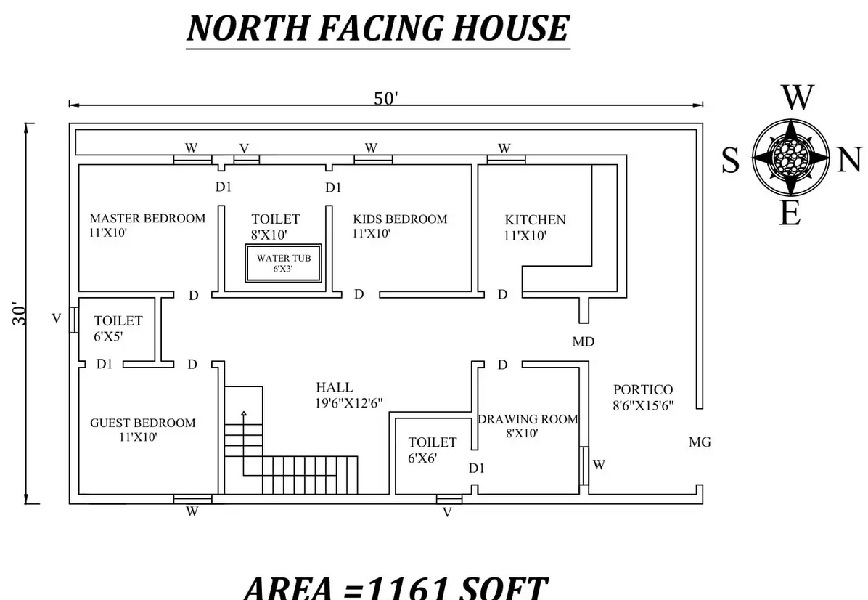 50'X30′ 3BHK North Facing House Plan