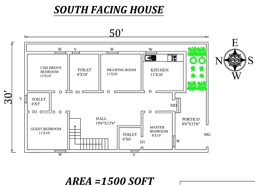 50'x30′ South Facing 3BHK Houseplan