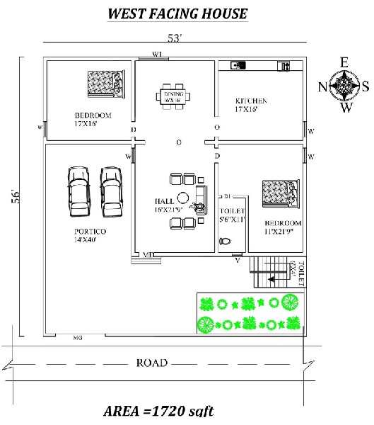 53'X56′ gorgeous 2bhk West facing House Plan