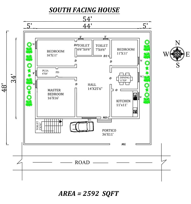 54' X 48′ 3bhk South facing House Plan