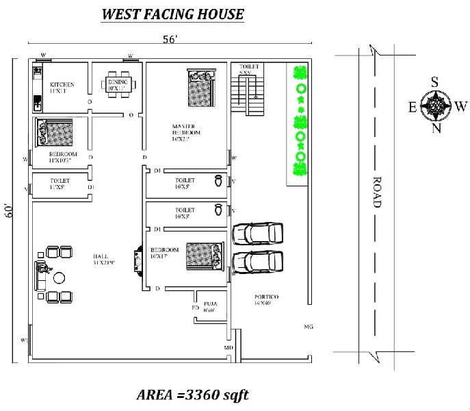 56'X60′ 3bhk West facing House Plan