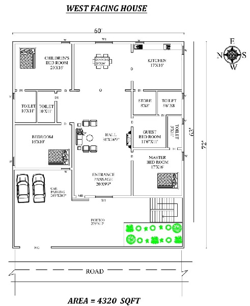 60′ X 72′ 3 BHK west-facing House Plan