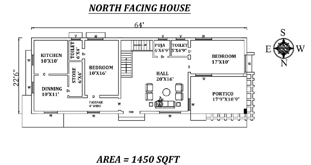 64'X22'6″ Amazing North facing 2bhk house plan
