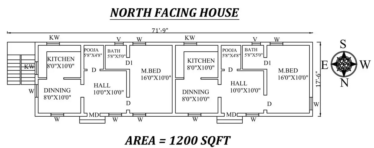71'9″ X 17'6″ Single BHK North facing House Plan (twin)