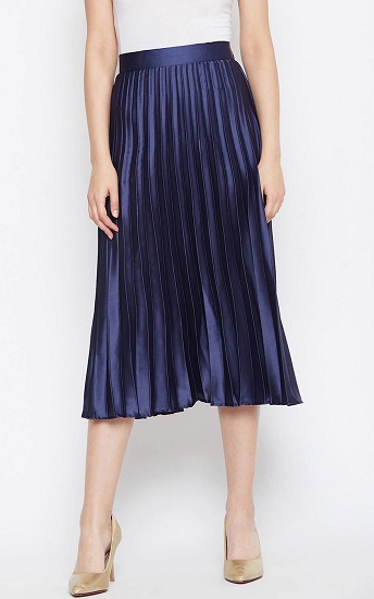 Blue Pleated Satin Skirt