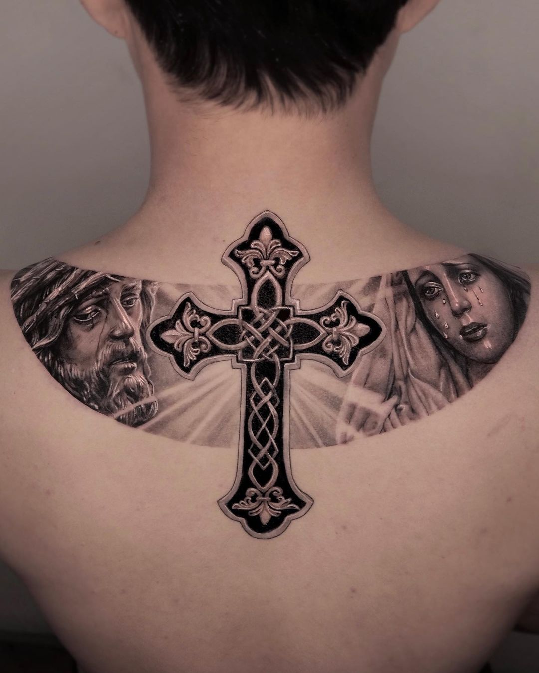 Celtic Cross And Holy Figures Back Tattoo