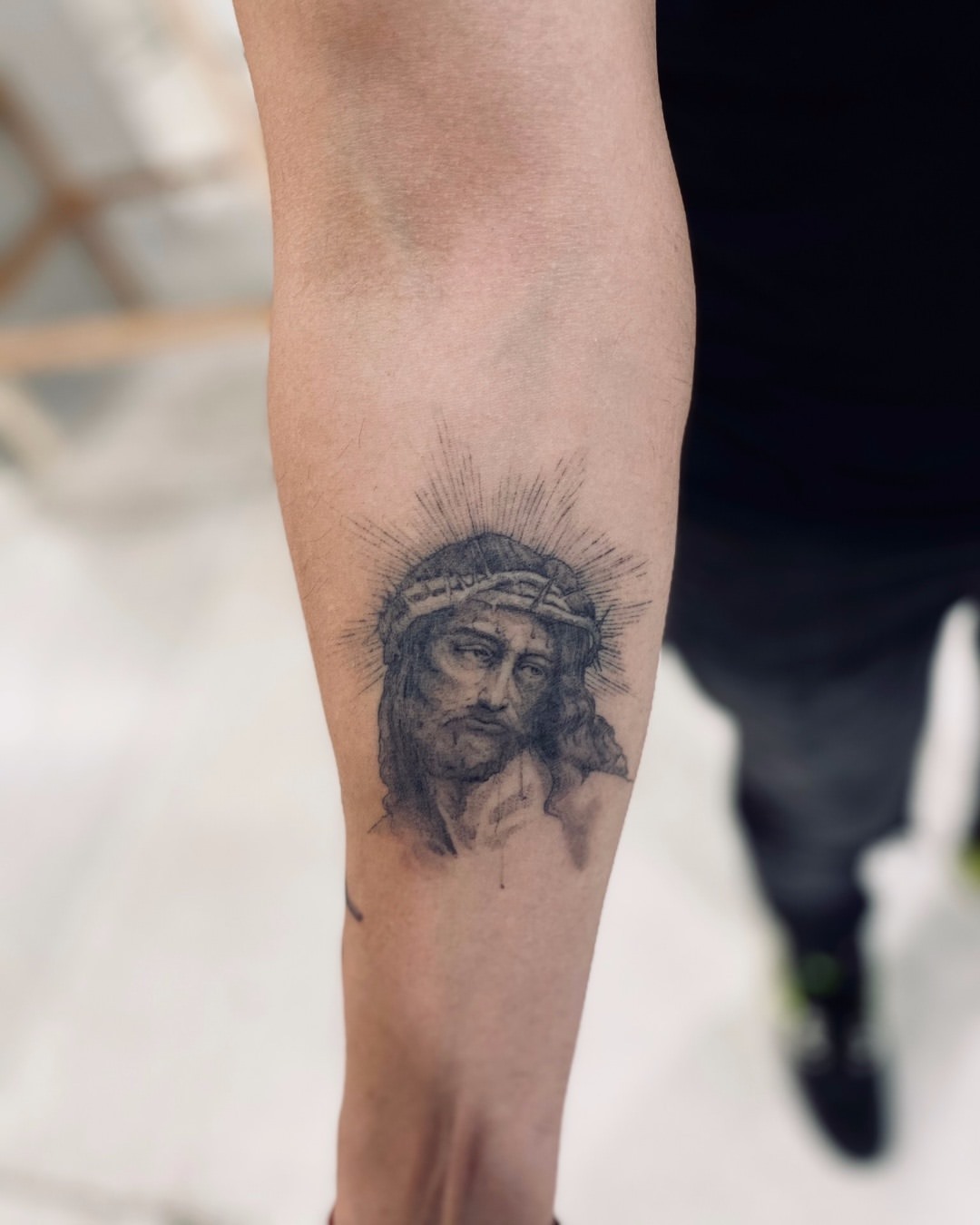 Contemplative Jesus Christ Forearm Tattoo