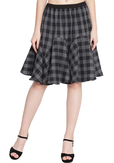 Cotton Flared Plaid Skirt