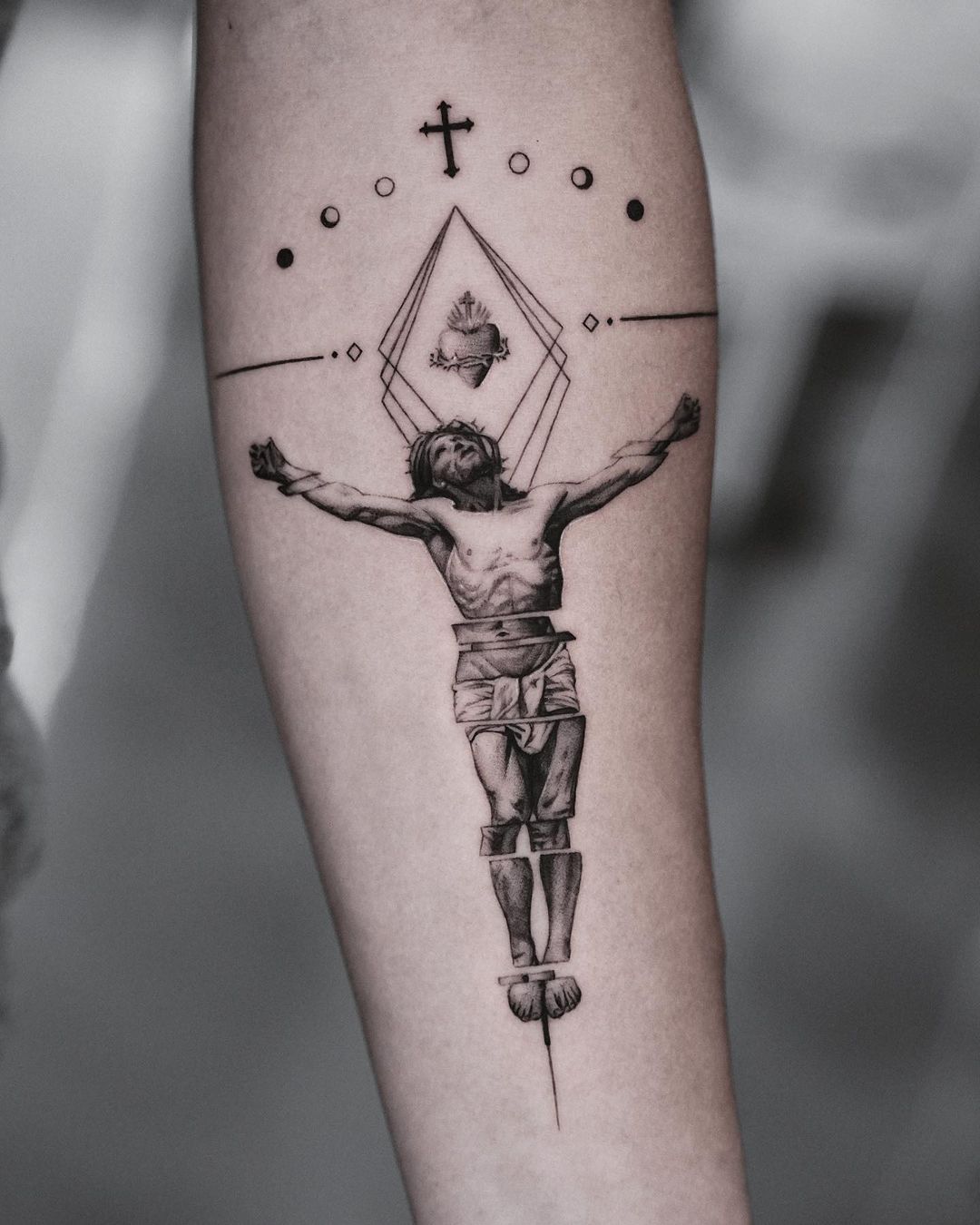 Geometric Jesus And Sacred Heart Tattoo