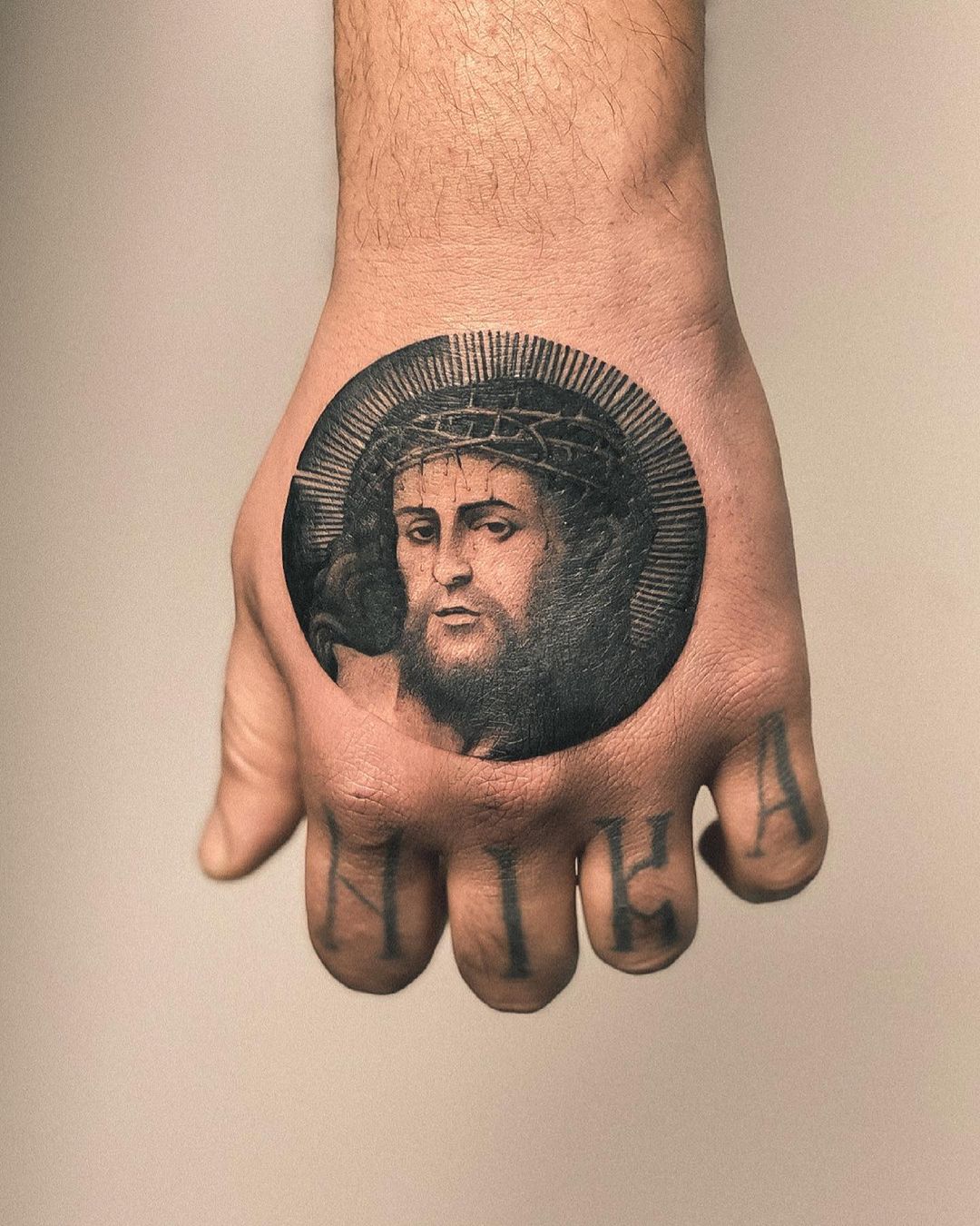 Holy Hand Of Jesus Tattoo With Lettering